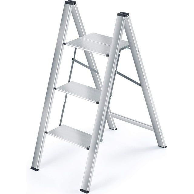 Step Ladder Aluminium Folding Ladder with Wide Steps Portable Slim Step Stool Household Ladder Stepladder with MultiFunction Silver