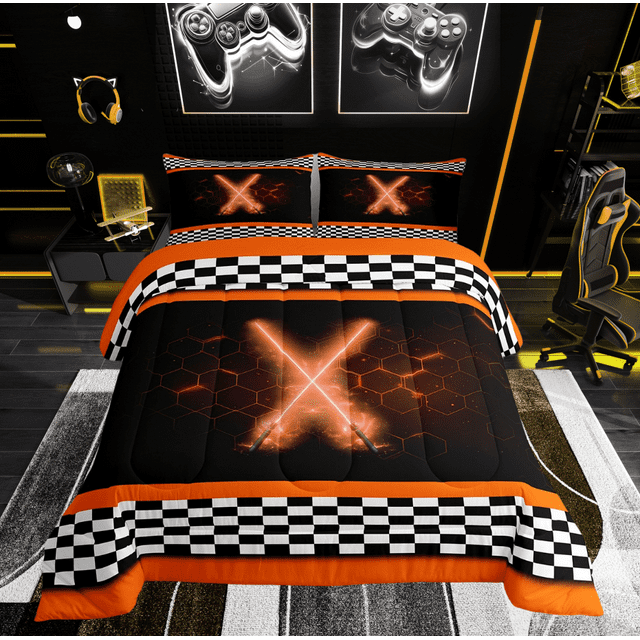Erosebridal Ensembles de Literie Sabre Laser Cool Simple avec Couette, Insert de Couette Alvéoles Orange, Décor Drapeau à Damier, Réversible 2 Pcs