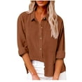 thumbnail image 4 of Button Down Shirts for Women Long Sleeve Blouses Irregular Hem Tops Loose Solid Color Cotton Casual Tunics Tee (Brown L), 4 of 7