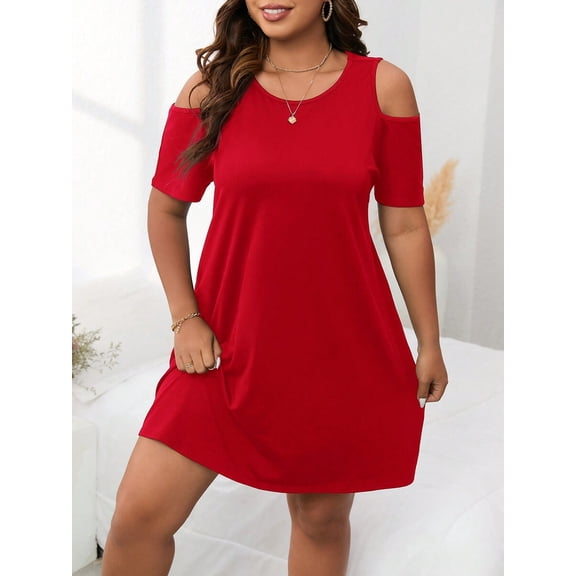 Red Cold Shoulder Short Sleeve A-Line Plus Size Casual Sundress For Women