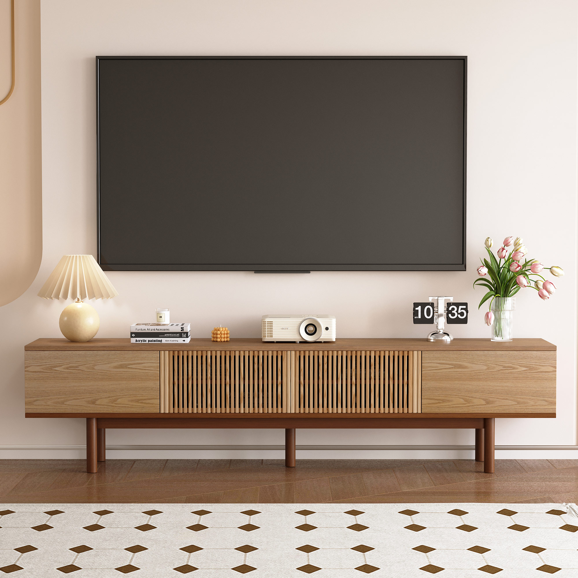 gaoyangjiaju Mid Century Modern 86.6" Solid Wood TV Stand, Ready-to-Use Entertainment Center with Storage, TV Console for Living Room & Bedroom, Walnut