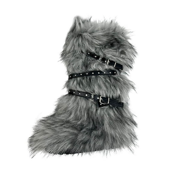 Women's Knee High Boots, Lace Up Combat Boots with Buckle Straps, Punk Style Winter Boots, Synthetic Fur Lined for Warmth