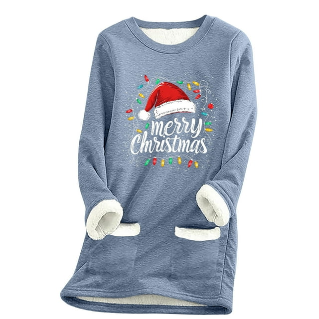 LMKIHUSA Chandail de Noël à Col Rond pour Femmes Doublé en Molleton Mode Décontractée chandail Imprimé Chapeau de Père Noël Tenues d'Automne avec Poches Bleu,G