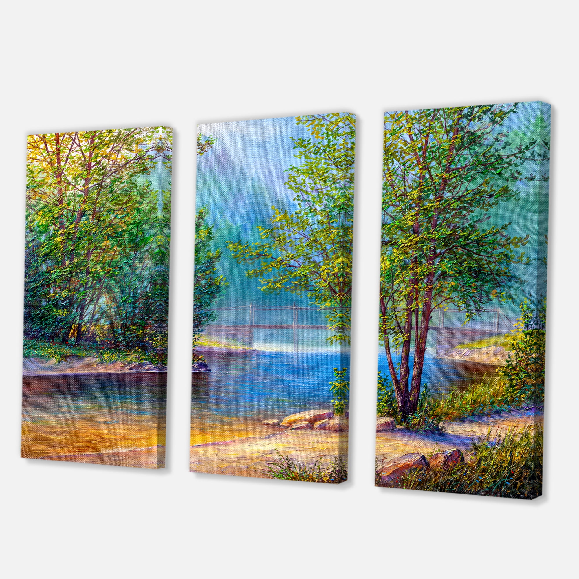 Designart ' Green Trees By The Bridge Over River ' Traditional Canvas Wall Art Print