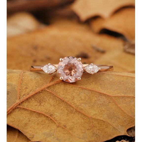 8*8 mm Three Stone Round Morganite Engagement Ring - Vintage Rose Gold Promise Ring - Marquise Bridal Wedding Ring