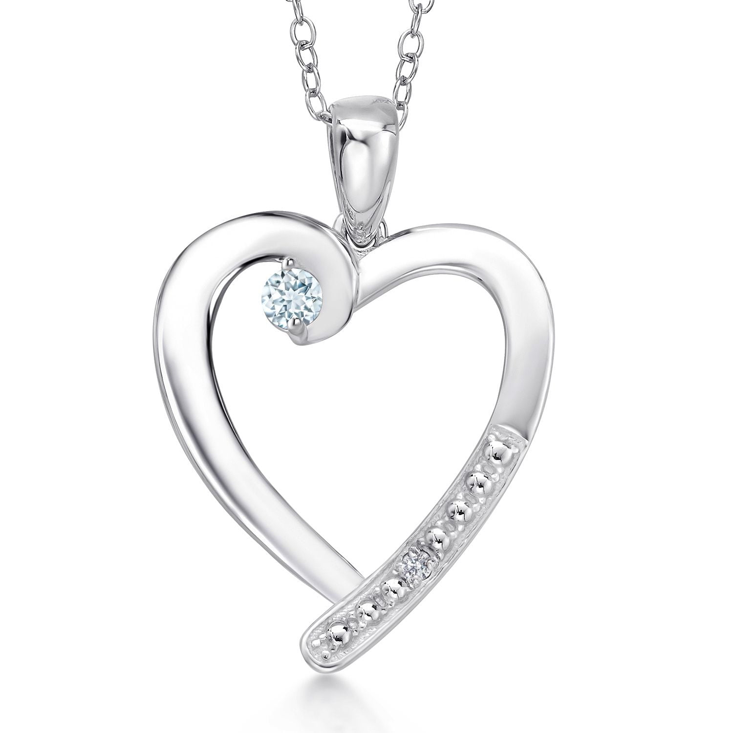 Gem Stone King 925 Sterling Silver Sky Blue Aquamarine and Lab Grown Diamond Heart Pendant Necklace for Women | 0.19 Cttw | Gemstone March Birthstone | Round 3.5MM | With 18 inch Chain