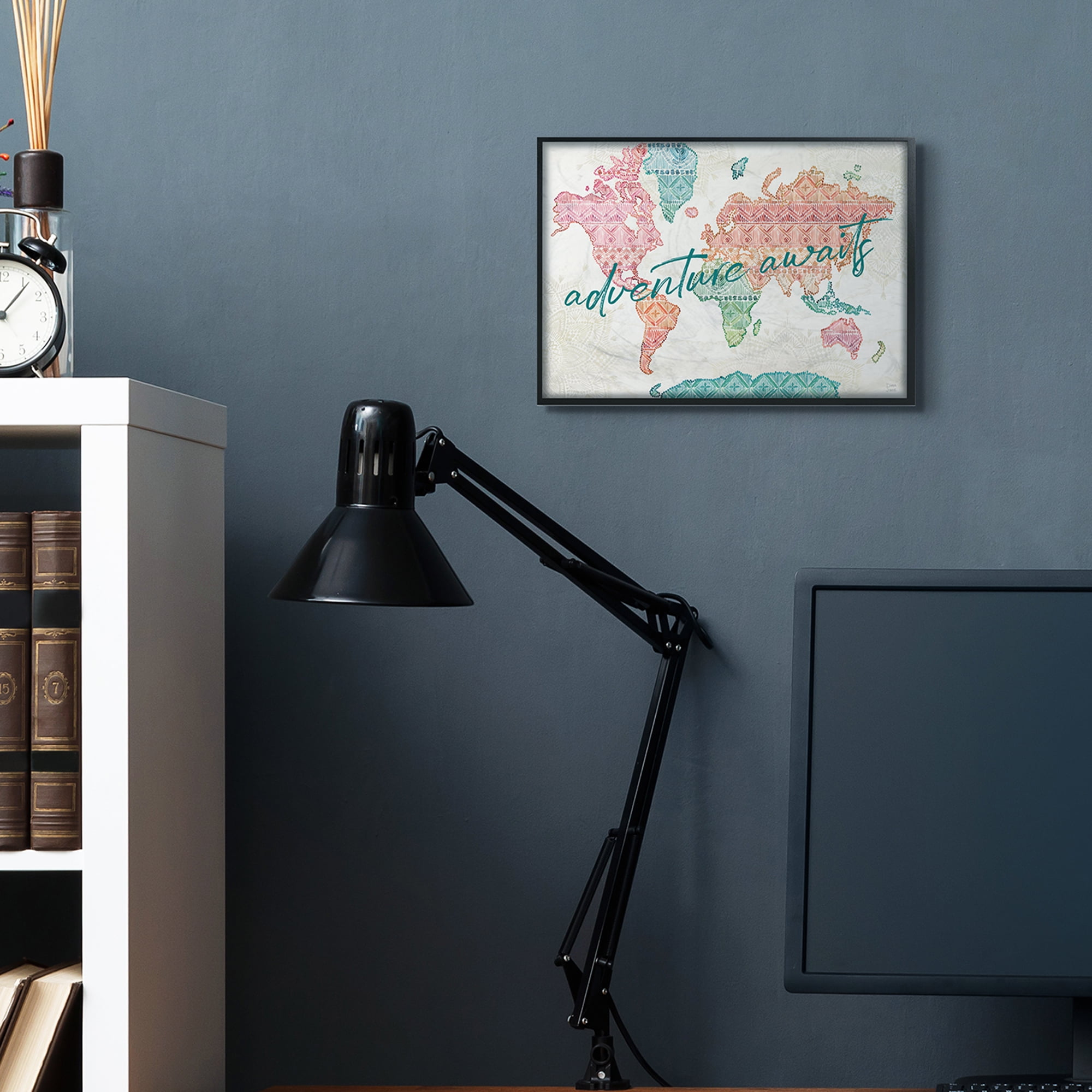 Stupell Industries Adventure Awaits Phrase Macrame Pattern World Map Black Framed, 11 x 14, Design by Dina June