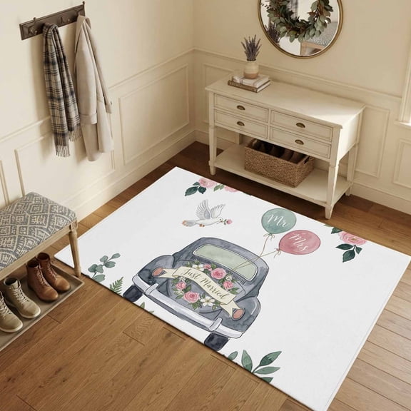 Area Rugs 3'x5', Car Rose Carpet Runner Indoor Outdoor Rugs Home Decor Aesthetic, Wedding Balloons Leaves Floral Birds Non Slip Mats Washable Accent Rug for Living Room Bedroom