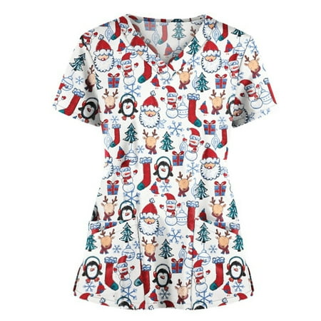 

Colisha Christmas Womens Short Sleeve V-Neck Scrub Top Cute Snowman Xmas Tree Print Design Working Nurse Shirts Blouse with Pockets