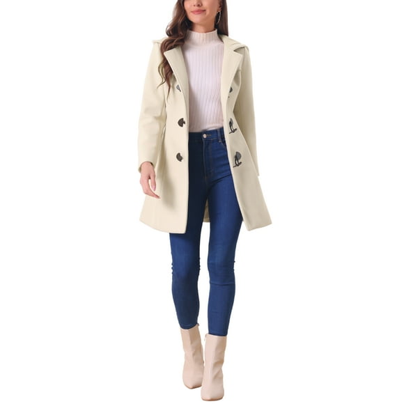 Unique Bargains Women's Hooded Toggle Button Up Duffle Coat Winter Outwear Beige S