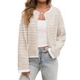 thumbnail image 3 of Button Down Long Sleeve Lightweight Crewneck Casual Knit Striped Cardigan, 3 of 7