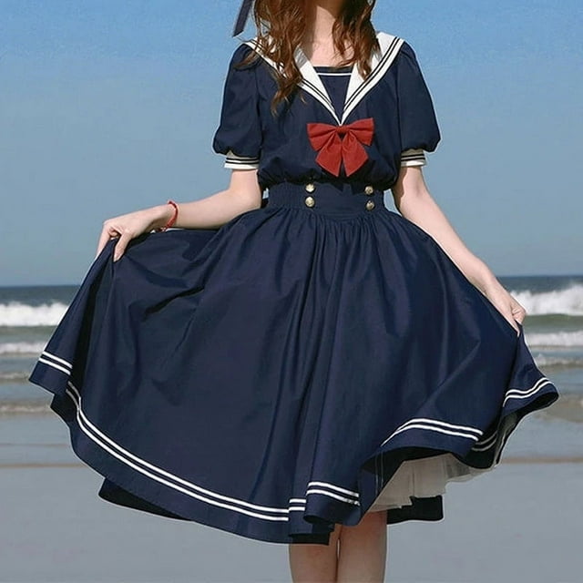 Robe Marine Col Marin Japonaise Lolita Douce Nœud Papillon Fille Rétro Coton Style Kawaii Preppy Manches Longues Robe Femmes