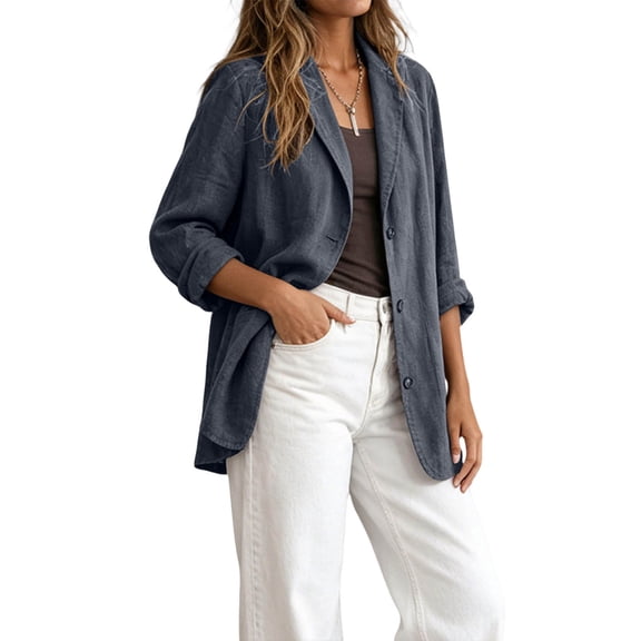 YgkuHd Fall Blazers for Women V-Neck Lapel Button Down Long Sleeve Cotton Linen Blend Vintage Suit Jacket Casual Work Outfits,Black_L
