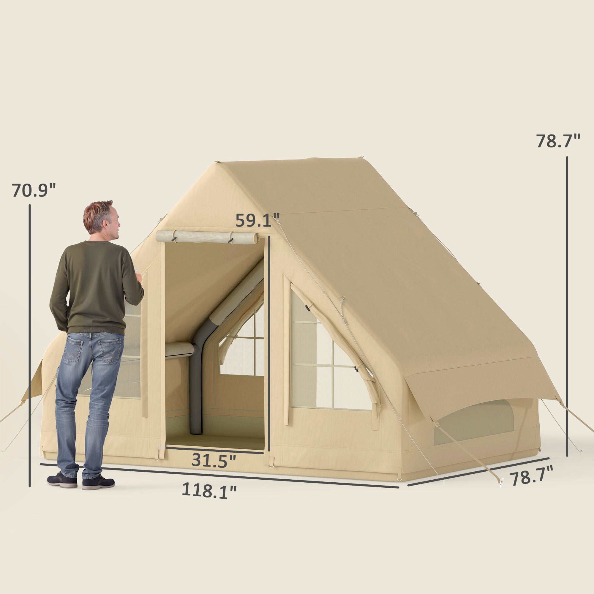 Outsunny Inflatable Camping Tent with Hand Pump, 4-6 Person 420D Oxford Fabric Blow Up Cabin Tent, 3000mm Waterproof & UPF50+ for Glamping, Sand, 118.1" L x 78.7" W x 78.7" H