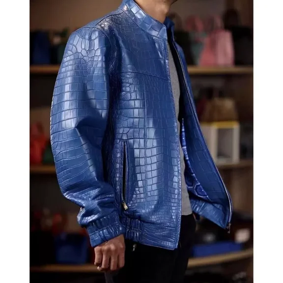 Abez Men's Blue Crocodile Embossed Bomber Motorcycle Alligator Print Jacket
