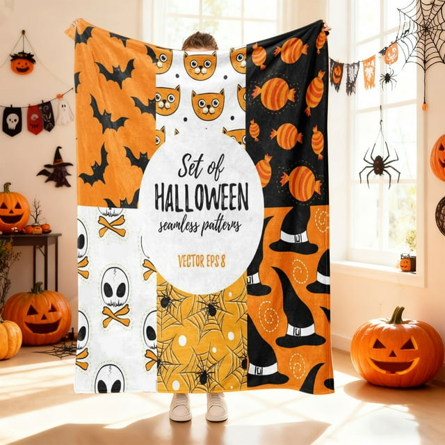 Manta de Franela de Halloween con Estampado Digital de Calabaza y Fantasma | Ideal para Sofá | para Todas Las Estaciones | Medidas: 150 X 100 Cm | Multicolor | Franela de Alta Calidad | Peso: 370 G |