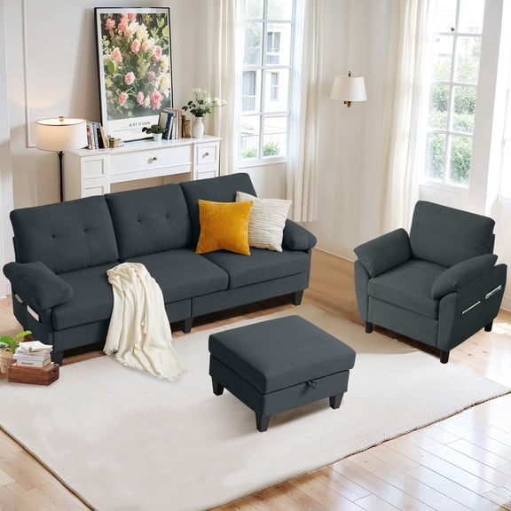 Soscana 2 Piece Sectional Sofa Set, Modern Linen Small L Shaped Couch with Storage Ottoman, 3-Seater Sofa & Armchair for Living Room, Office, Apartment