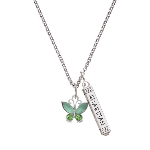 Delight Jewelry Silvertone Butterfly with Green Wings Silvertone Guardian Angel Bar Charm Necklace, 23"