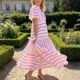 thumbnail image 2 of Morttic Women's Short Sleeve V-Neck Patchwork Stripes Midi Dress Vibrant Casual Cute Spring Summer Vacation Wear Pink，S, 2 of 6