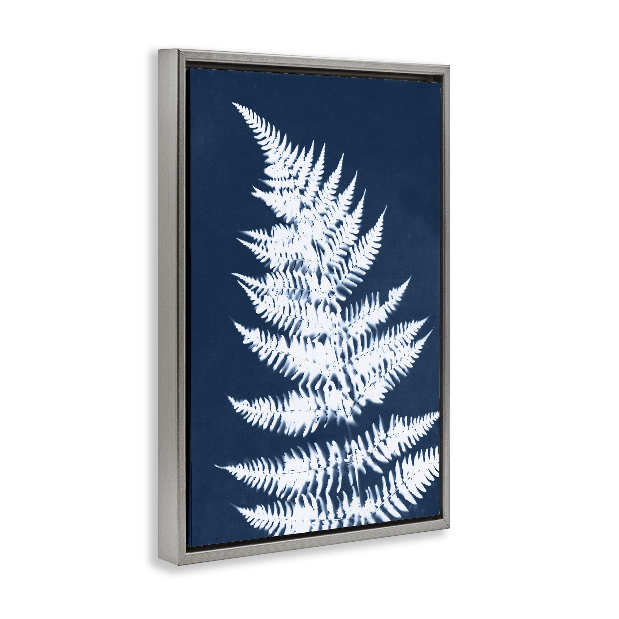 Stupell Industries Blue & White Fern Botanical & Floral Painting Gray Floater Framed Art Print Wall Art, 17 x 25