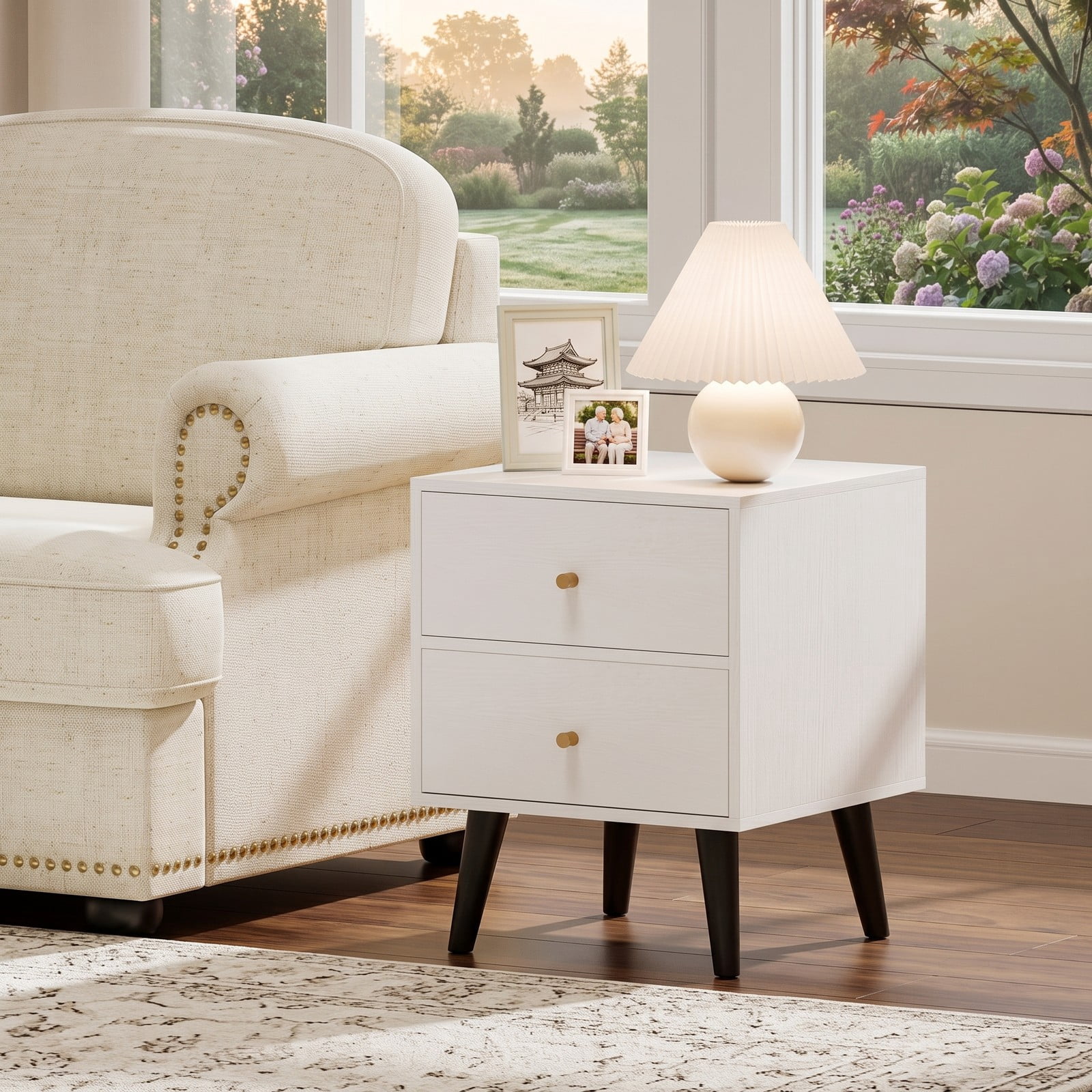 Furnibear Mid Century Nightstand with 2 Drawers and Golden Knobs and Tapered Legs for Bedside Storage in the Bedroom and Living Room, White