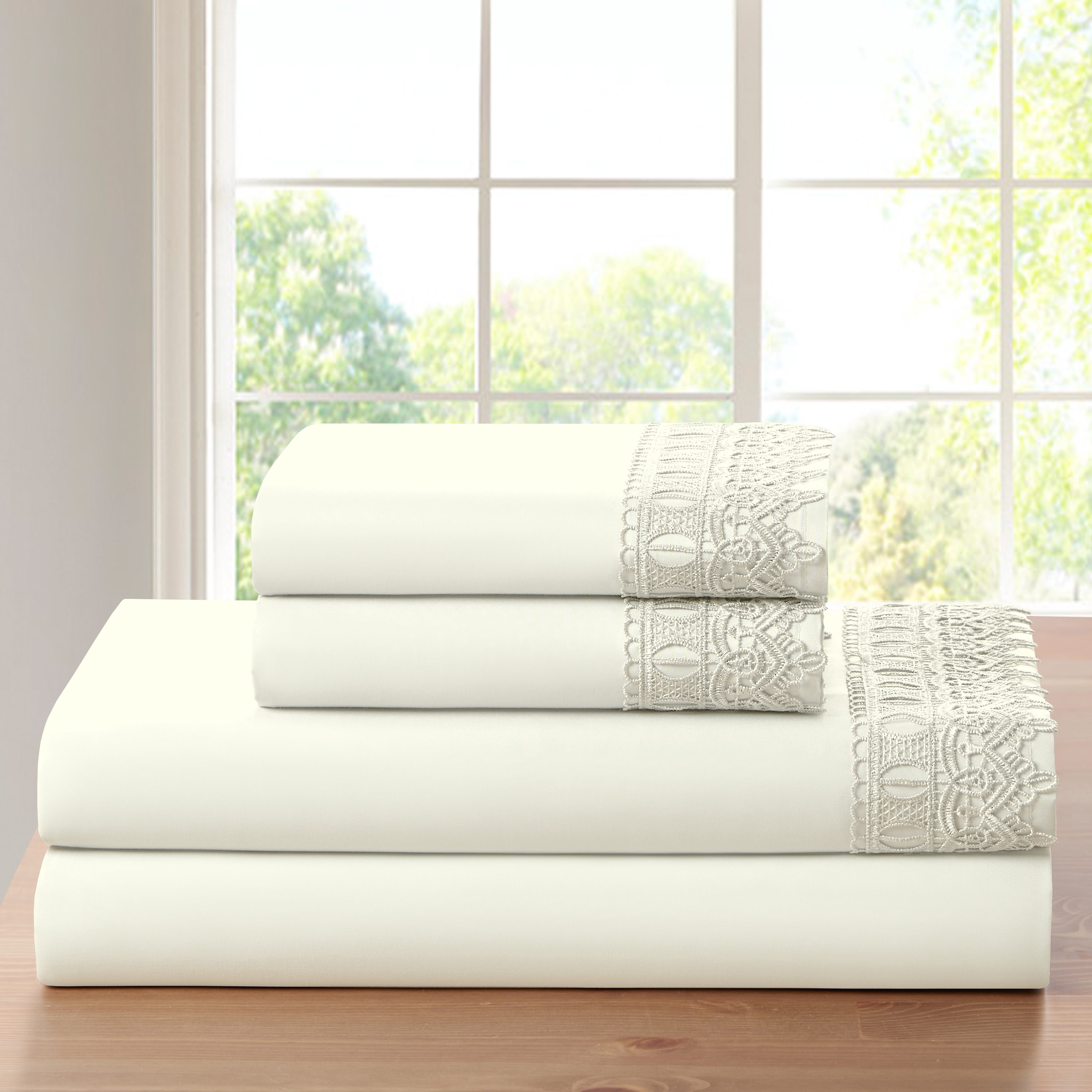 Bamboo Comfort Lace Crochet Embroidery 4 Piece Sheet Set - Ivory - King