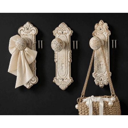 Shabby Chic Cast Iron Decorative Wall Mounted Hooks - Rustic White Door Knob Coat Set Of 3 Screws And Anchors Included Antique For Hanging Clothes