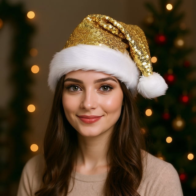 Sequined Christmas Hat, Christmas Decoration Hat, Festive Party Gift, High-Quality Sequin Fabric, Foldable Design, Portable, Perfect for Home Decor, Office Desk, 12-inch Diameter, Sparkling