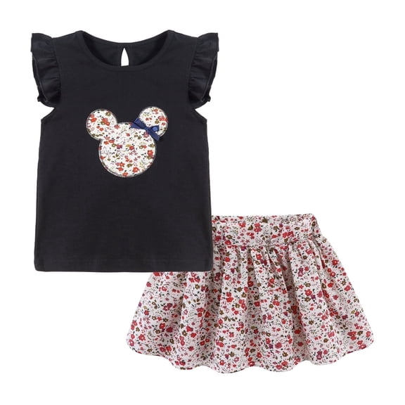 LittleSpring Toddler Girls 2-Piece Floral Cartoon Mouse T-Shirt and A-Line Skirt Set, 5T