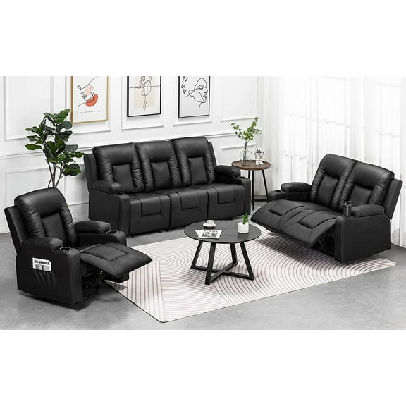 COMHOMA Recline Chair Set,Furniture 3PC Bonded Leather Recliner Set Living Room Set, Sofa, Recline Chair with massger(Black,Living Room Set 3 2 1)