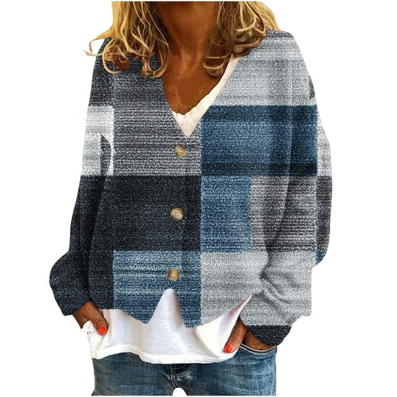 Womens Flannel Fleece Cardigans Button Down Long Sleeve Fall Sweater Drop Shoulder Slouchy Loose Casual Tops Blue, XL