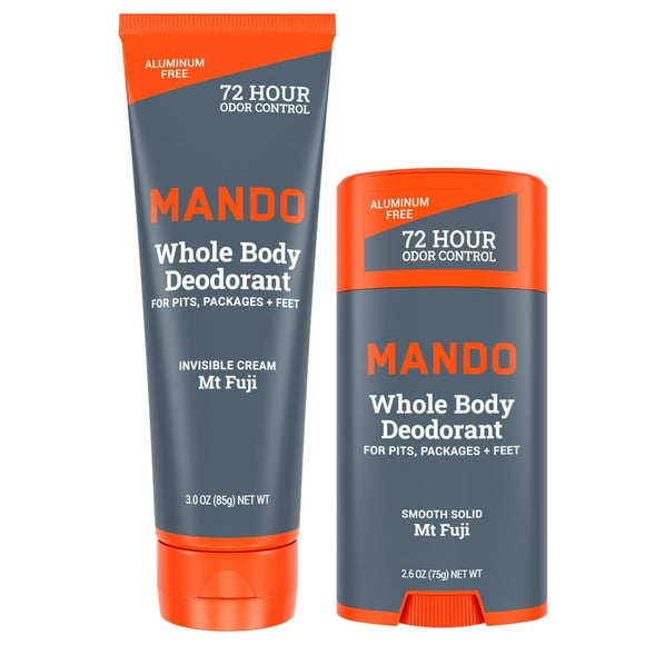 Mando Déodorant pour Tout le Corps - Tube Crème Invisible et Bâton Solide - Contrôle des Odeurs 72 Heures - Sans Aluminium, Sans Bicarbonate de Soude, Sécuritaire pour la Peau - Tube de 3,0 Onces et Soli de 2,6 Onces