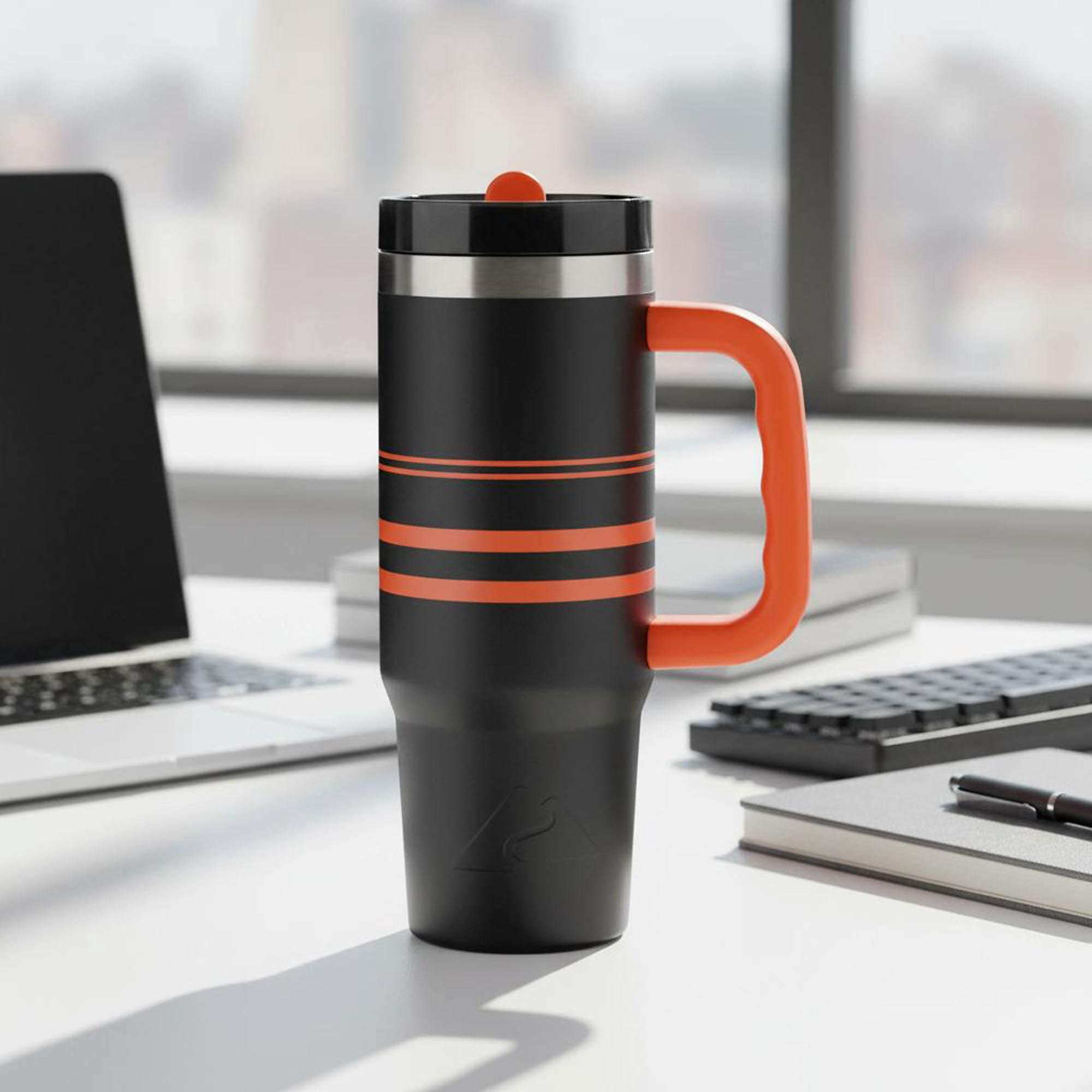 Ozark Trail 30 oz Stainless Steel Insulated Varsity Tumbler with Handle, Black and Orange Stripe