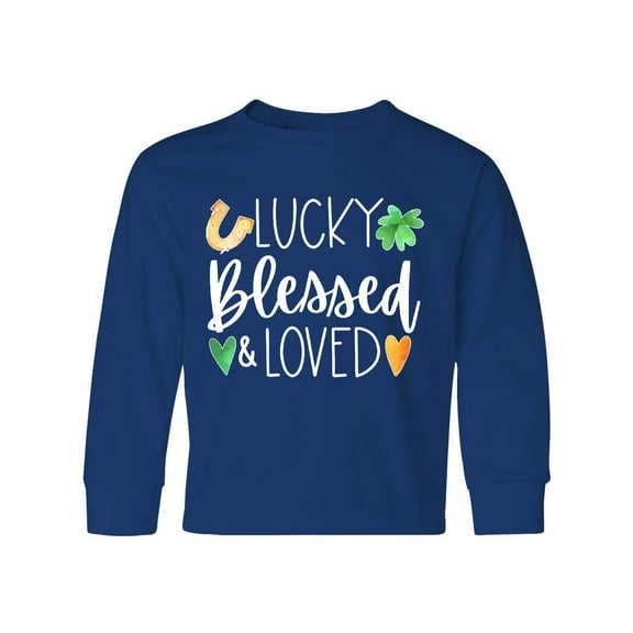 Inktastic Lucky Blessed and Loved Horseshoe Clover Hearts Long Sleeve Youth T-Shirt