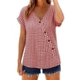 thumbnail image 2 of Favoffer Women's Plaid Pullovers V Neck Short Sleeve Button Placket Grid Weave Loose Silhouette Daily Shirts Picnic Gathering Weekend Rest, 2 of 8