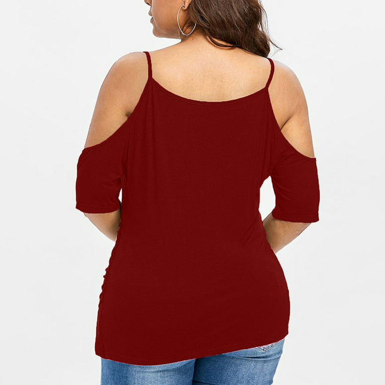 Plus Size Off-Shoulder V-Neck Solid Color Irregular Top Fashion Womens Plus  Size Cutout Asymmetric Cold Shoulder T-shirt V-Neck Tops