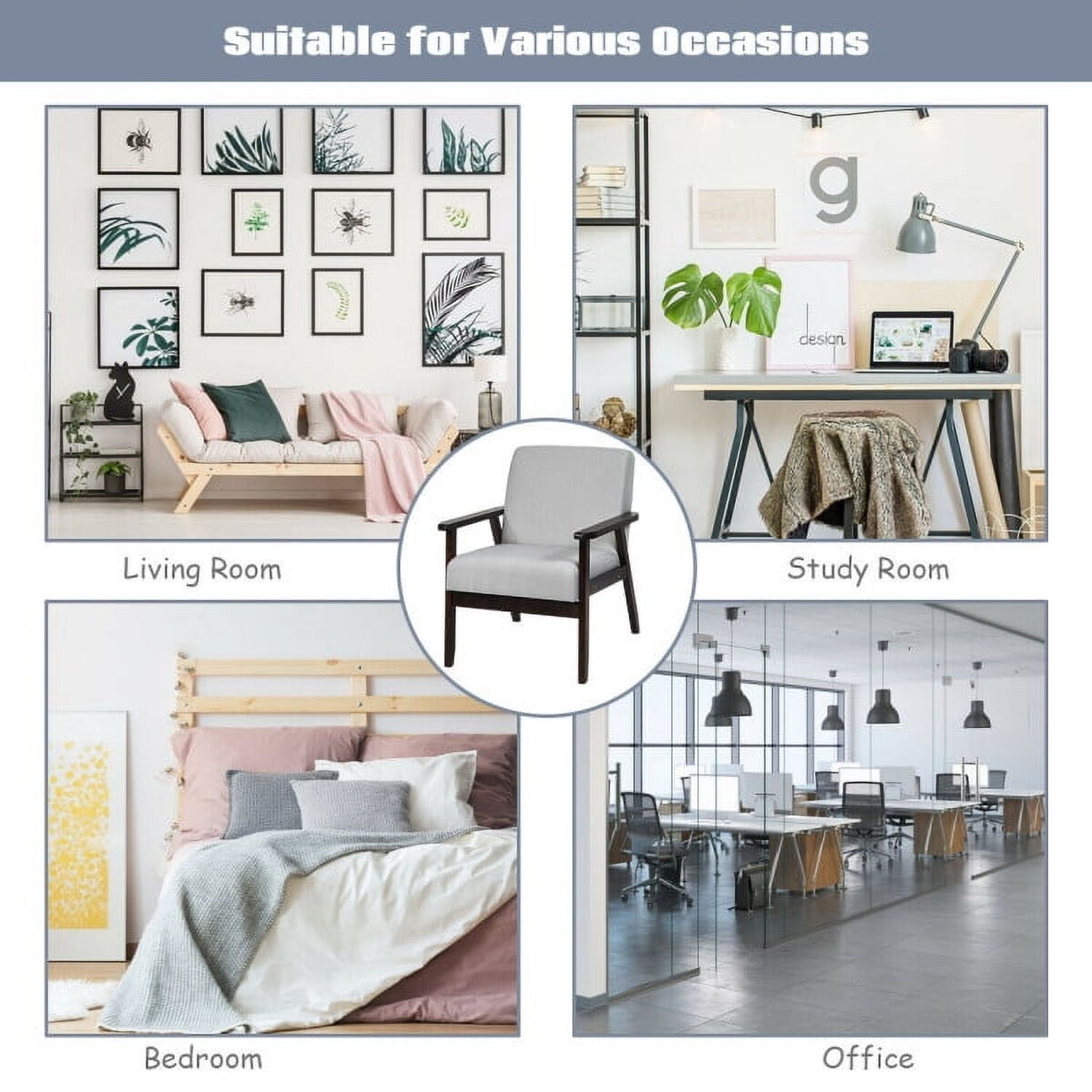 Demi Bonn Mid-Century Modern Accent Chair, Retro Fabric Armchair, Solid Rubber Wood Fabric Accent Armchair, for Living Room, Light Gray