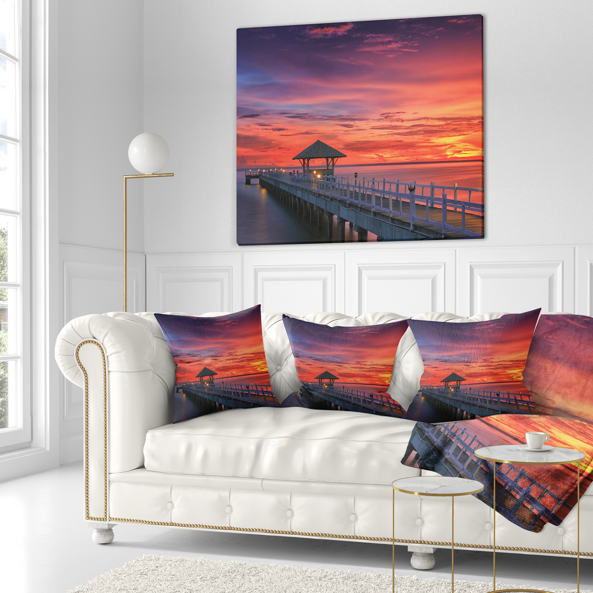 Designart Long Wooden Bridge and Colorful Sky - Sea Bridge Throw Pillow - 18x18