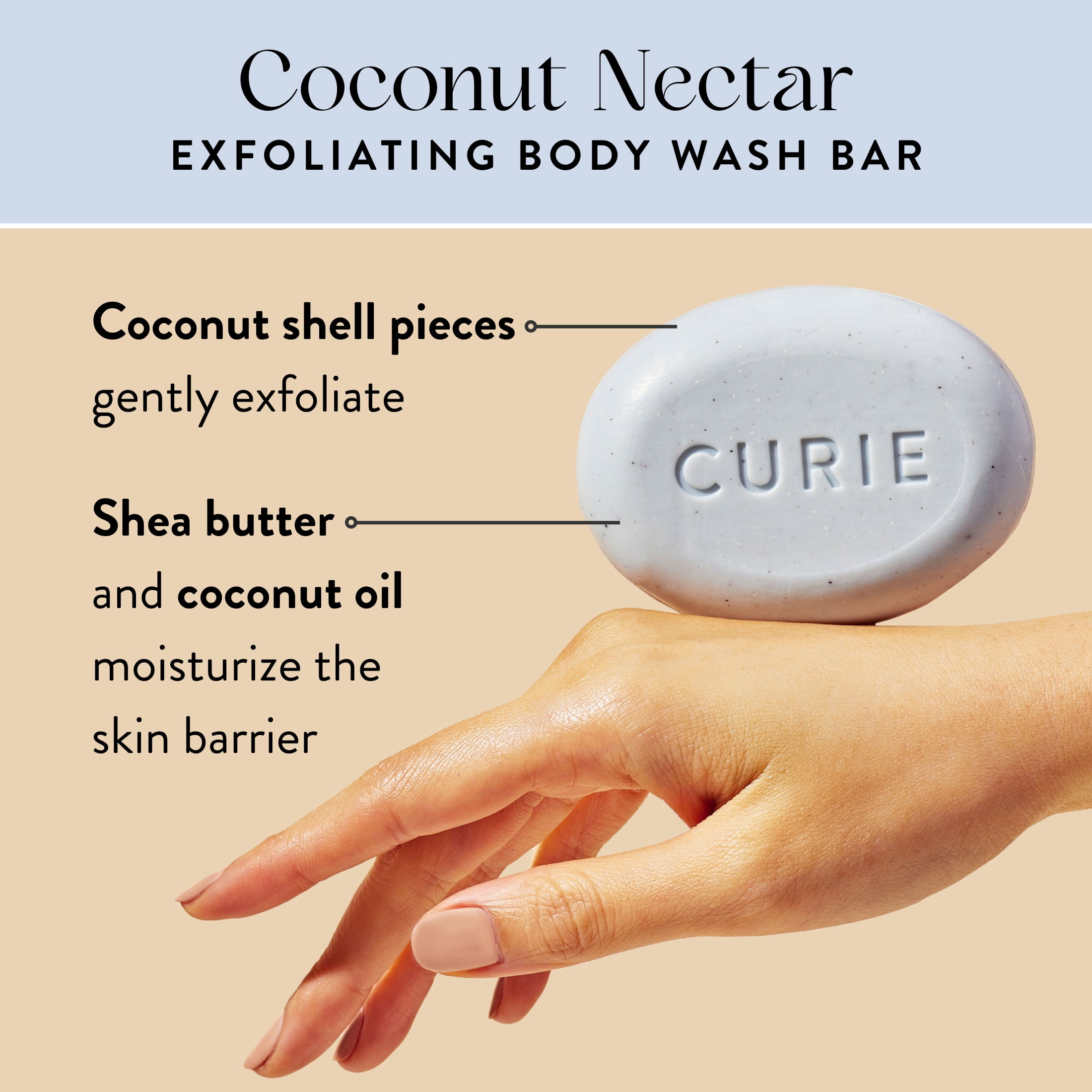 (3 pack) Curie Exfoliating Body Wash Bar Soap, Coconut Nectar, for Men and Women, 3.5 oz
