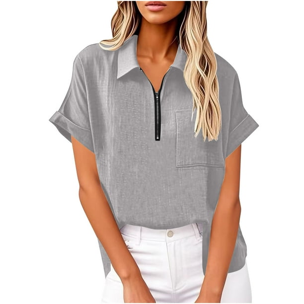 Vestidos Casuales Para Mujer, Blusas De Mujer De Moda Blusa tipo túnica de lino con media cremallera y manga corta con solapa para mujer, ropa de trabajo de verano