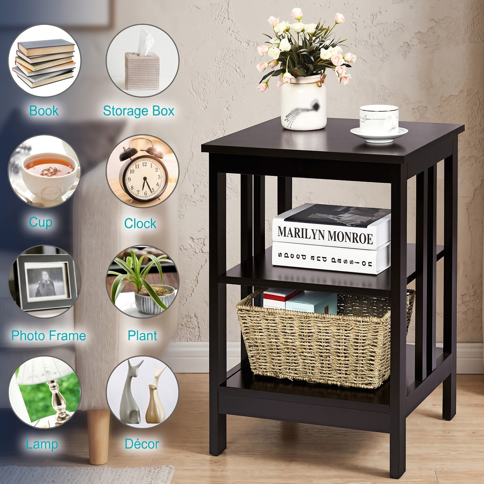 Furnibear 2 Pieces 3-Tier Nightstand, MDF Bedside End Side Table with Reinforced Bars, Open Shelf Storage Night Stand for Bedroom Living Room Entryway, Dark Brown