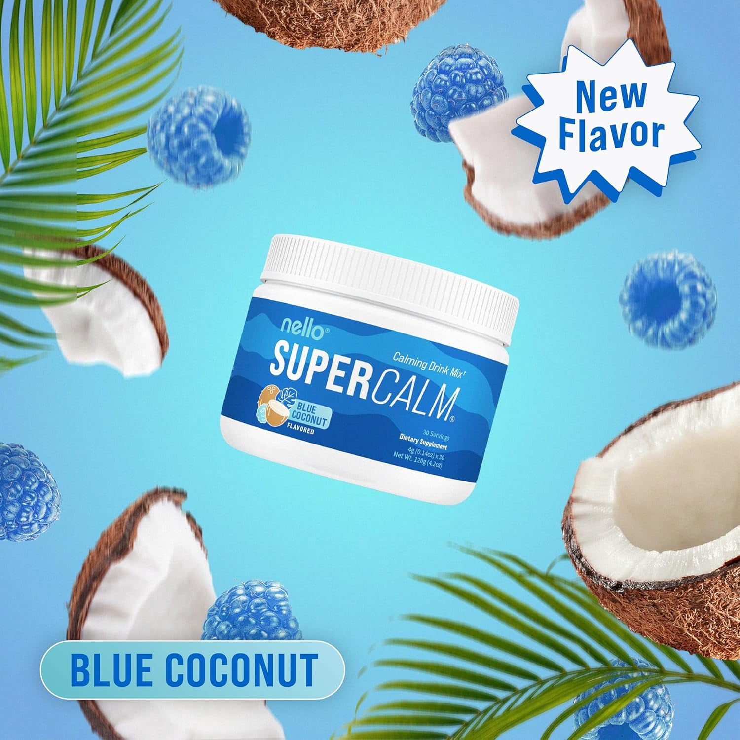 Nello Supercalm Drink Mix - Ashwagandha KSM 66, Magnesium Glycinate & L-Theanine Supplement - Ashwagandha Root Extract - Focus and Relaxation Support (30 Serving Tub) - Blue Coconut