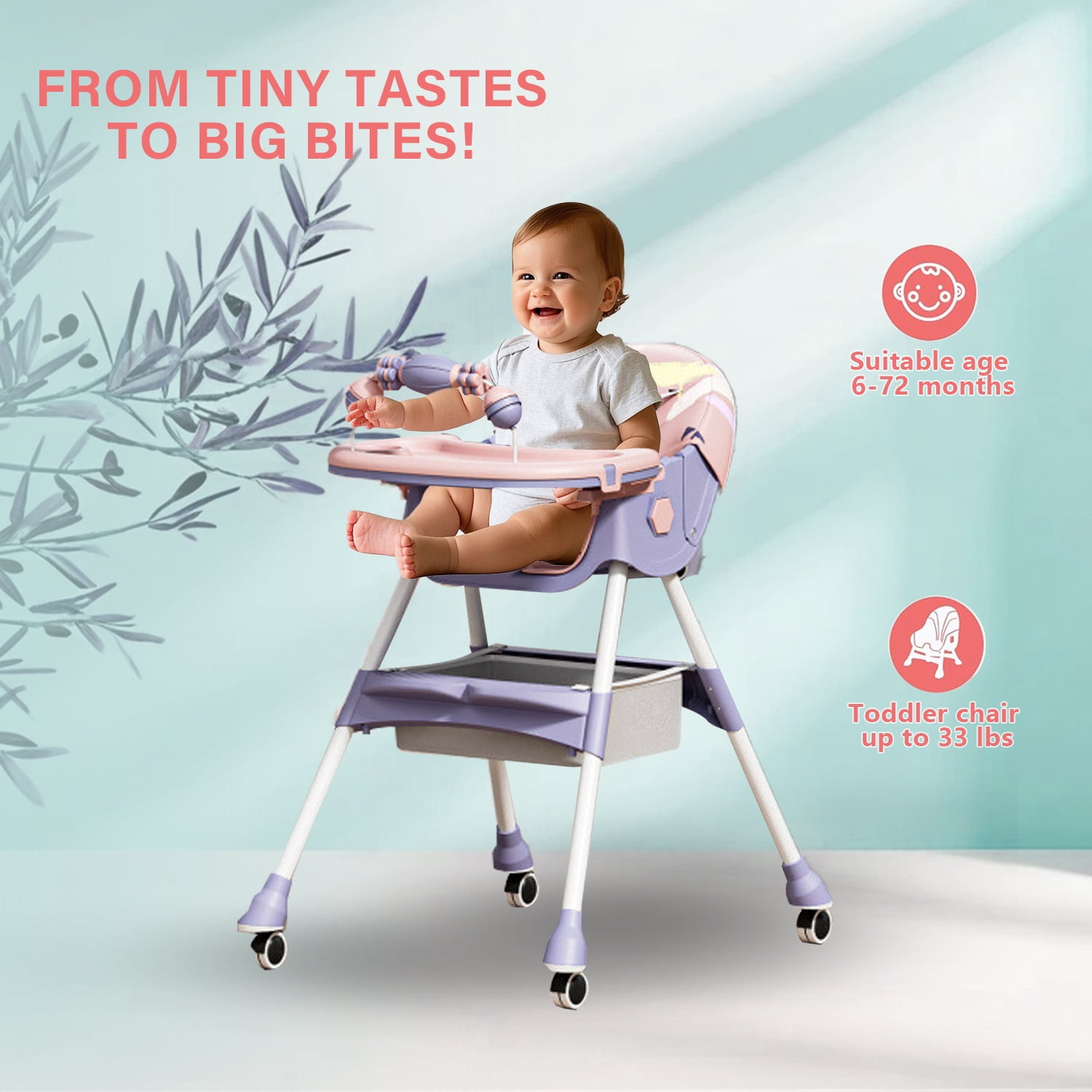 XunKA 4-in-1 Baby High Chair, Portable Dining Chairs Eat & Play with Double-Layer Dinner Plate and Toy Rack,for Months Infants and Toddlers,Purple.