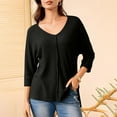 thumbnail image 4 of Womens Summer Waffle Knit Top V Neck Tunic Tops 3/4 Length Sleeve Off The Shoulder T Shirts Loose Fitted Solid Basic Tees Trends Dressy Blouses Holiday Party Clothing, 4 of 7