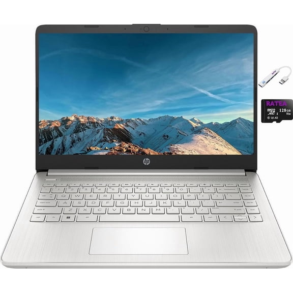HP 14" HD BrightView Student Laptop, Intel N4120 Quad-Core, 16GB RAM, 128GB Storage(64GB eMMC 64GB SD Card), One Year Office 365, WiFi, Webcam, HDMI, USB-A&C, Win 11 S, USB 3.0 Hub, Natural Silver