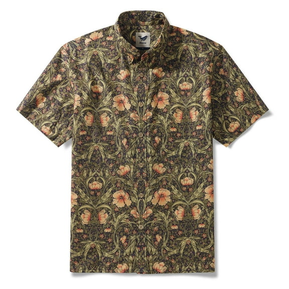 YIUME Men's Hawaiian Shirt Morris Blooming Print Short Sleeve Button-down Aloha Shirts