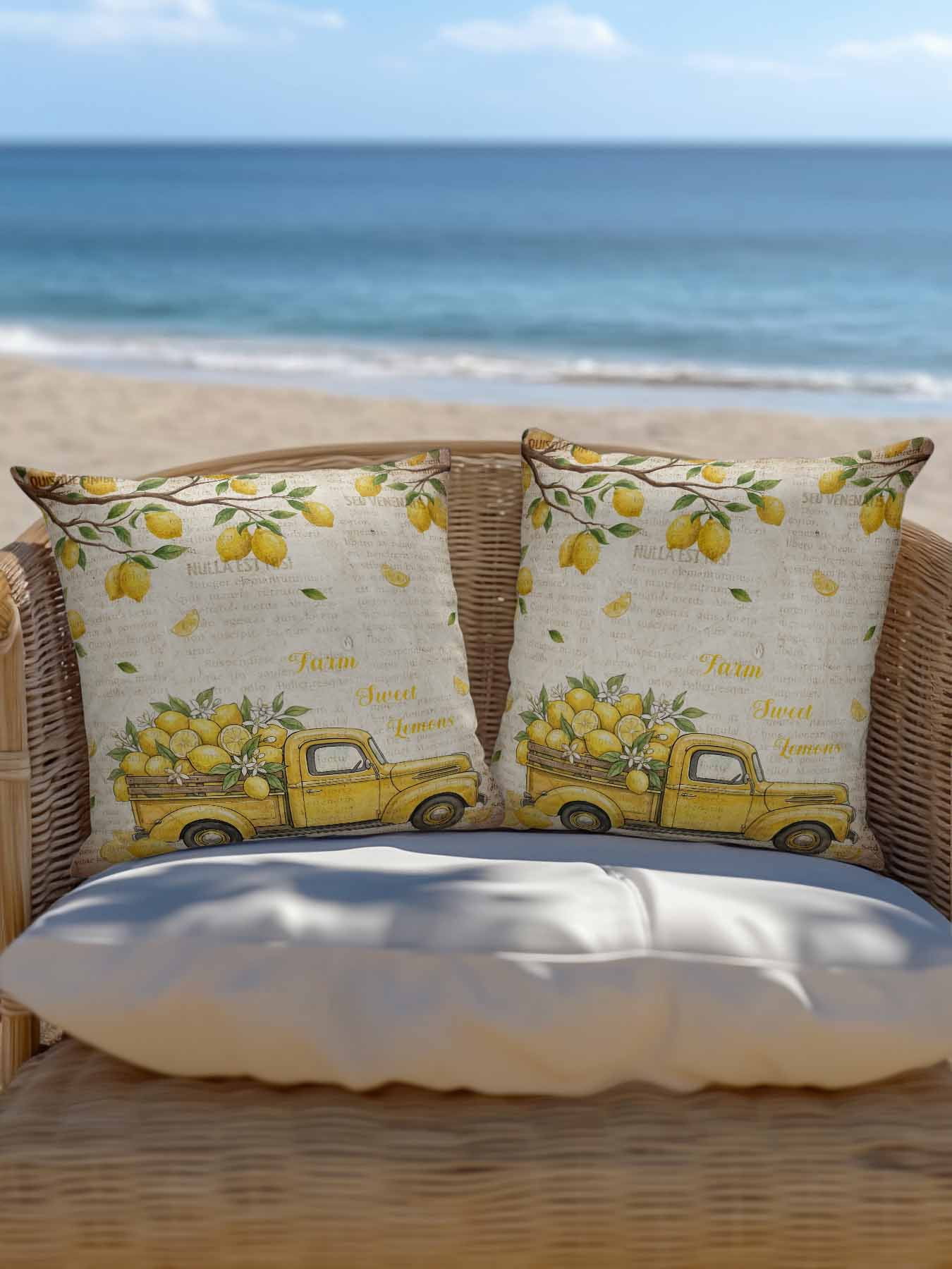 1 Pack Outdoor Pillows Waterproof, Lemon Truck Indoor/Outdoor Throw Pillows with Inserts, Summer Vintage Tropical Lemon Fruits Decorative Pillow for Patio Furniture Chairs Couch