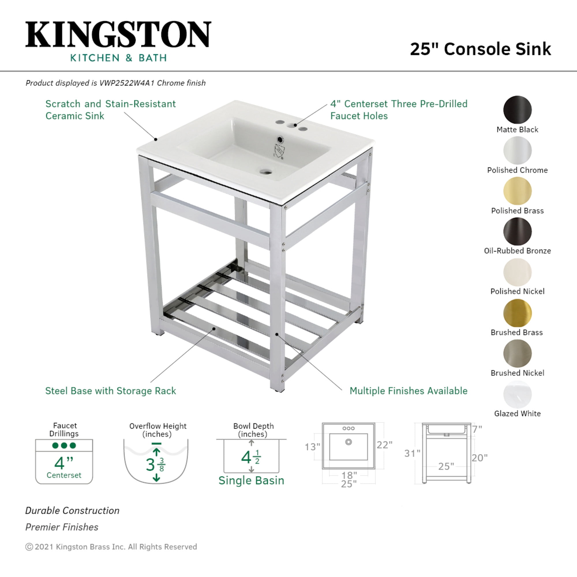 Kingston Brass VWP2522W4A7 Quadras 25" Ceramic Console Sink with Steel Base and Shelf (4-Inch, 3-Hole), White/Brushed Brass