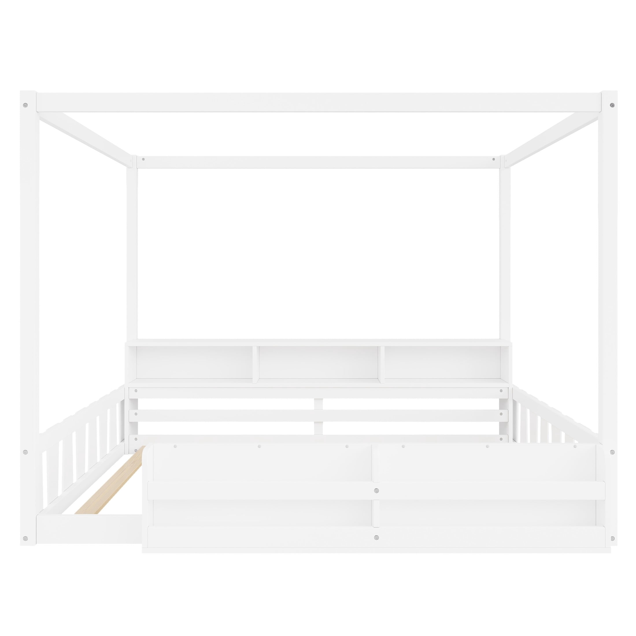 GDF Studio Misol Full Size Montessori Canopy Floor Bed with Storage & Guardrails, Pine Wood Kids Bed Frame, White
