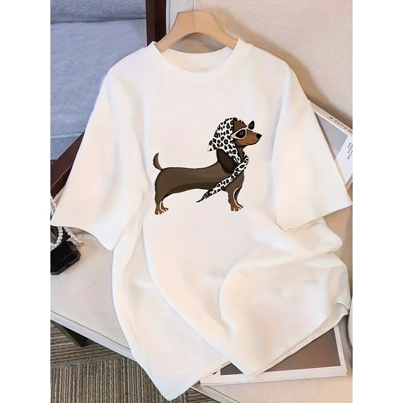 Women’s Short Sleeve T-Shirt, Cute Dachshund Leopard Print Scarf Graphic Top, Summer New Loose Fit Casual Tee for Women